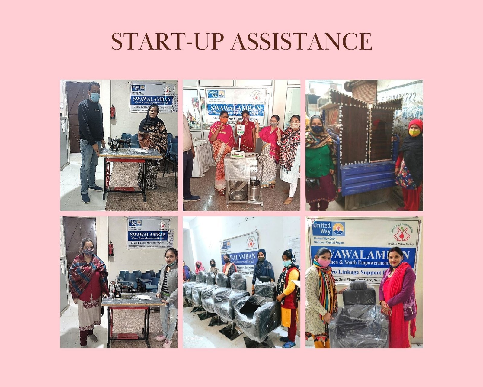 A CWS Start-up Assistance collage showing women with sewing machines, food-production equipment, chairs and a support counter.