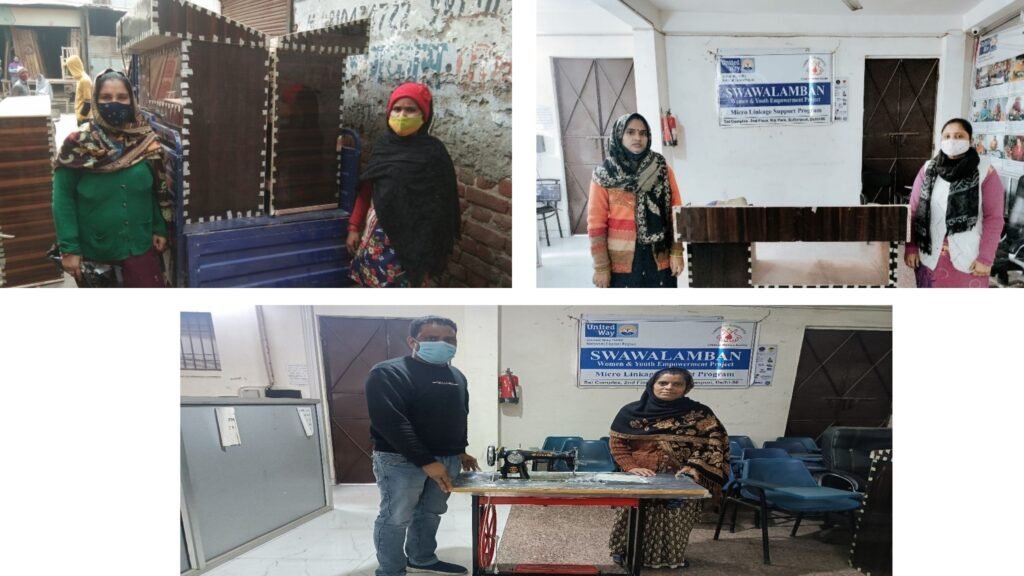 A collage showing women with livelihood equipment, including a sewing machine and work counters, during a Swawalamban support activity.